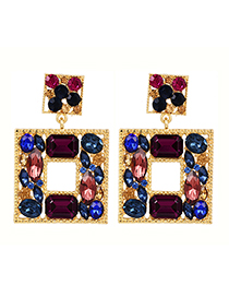 Fashion Purple Alloy Diamond Hollow Square Stud Earrings
