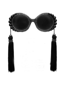 Fashion Black Large Round Frame Sunglasses With Fringed Pearls And Rhinestones