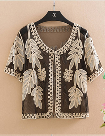 Fashion Black Apricot Transparent Lace Embroidered Cardigan Sunscreen