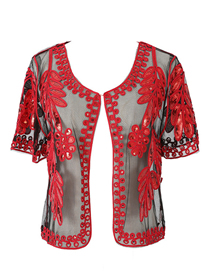 Fashion Black Red Transparent Lace Embroidered Cardigan Sunscreen