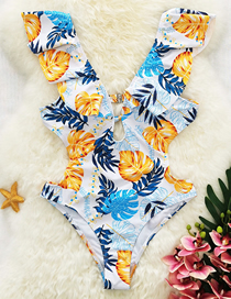 Fashion Blue And Yellow Leaves On White Hollow Strap Print Ruffled One-piece Swimsuit