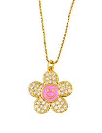 Fashion Pink Diamond Drop Oil Smiley Flower Necklace