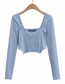 Fashion Blue Long Sleeve Top With Square Neck Trapezoid Hem