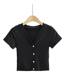 Fashion Black Solid Color Four Button V-neck Short-sleeved Top