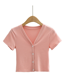 Fashion Pink Solid Color Four Button V-neck Short-sleeved Top
