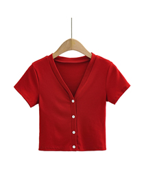Fashion Wine Red Solid Color Four Button V-neck Short-sleeved Top