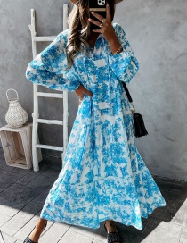 Fashion Blue Printed V-neck Long-sleeved Dress