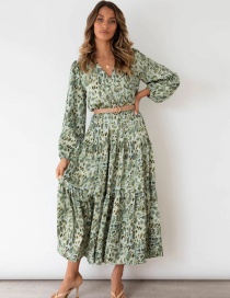 Fashion Green V-neck Long-sleeved Lace-up Pleated Print Dress