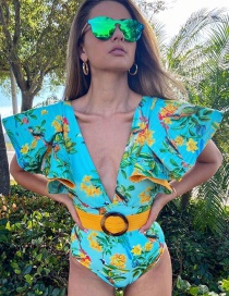 Fashion Yellow Flower On Green Background Deep V Belt Printed One-piece Swimsuit