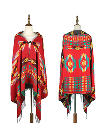 Fashion Red Wine Hooded Shawl Coat With Printed Fringe Buckle