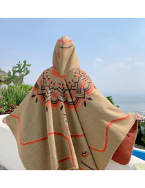 Fashion Cloak Neckline Lotus Khaki Printed Hooded Cape Shawl