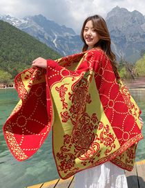 Fashion Stein Chain Red And Yellow Printed Hooded Cape Shawl