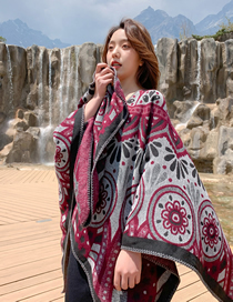Fashion Small Circle Flower Wine Red Printed Hooded Cape Shawl