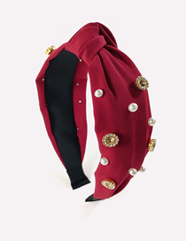 Fashion Red Wine Fabric Knotted Rhinestone Pearl Headband