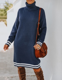 Fashion Sapphire High Neck Long Sleeve Knitted Dress