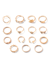 Fashion Gold Color Diamond Love Leaves Open Ring Ring Set 15