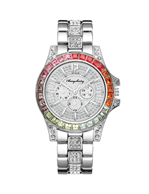 Fashion Silver Gypsophila Inlaid With Colored Diamonds Three-eye Stone Steel Band Watch