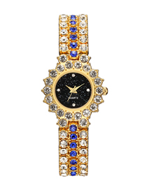 Fashion Gold Color Belt Blue Brick Black Surface Alloy Full Diamond Bracelet Watch