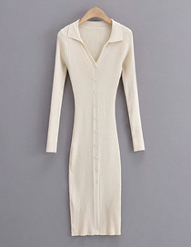 Fashion Milky White Solid Color V-neck Knitted Long-sleeved Dress