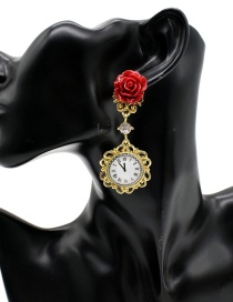 Fashion Red Metal Rose Clock Earrings