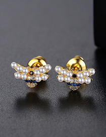 Fashion Gold Color Copper Inlaid Zirconium Pearl Wasp Stud Earrings