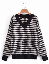 Fashion Black V-neck Printed Knit Pullover Sweater