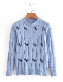 Fashion Blue Round Neck Bow Pullover Sweater