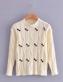 Fashion Creamy-white Round Neck Bow Pullover Sweater