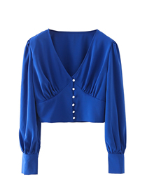 Fashion Blue Pearl Button Puff Sleeve V-neck Top