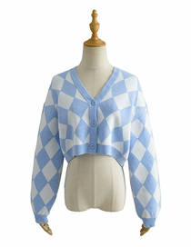Fashion Blue Diamond Printed V-neck Single-breasted Sweater