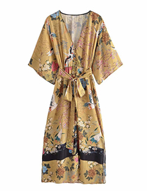 Fashion Yellow Printed Kimono Lace Dress