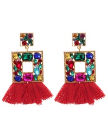 Fashion Red Alloy Diamond Square Tassel Stud Earrings