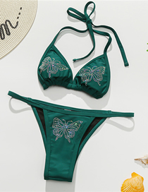 Fashion Dark Green Butterfly Rhinestone Halterneck Split Swimsuit
