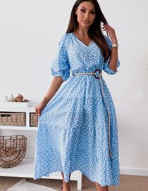 Fashion Blue Printed V-neck Ruffle Dress
