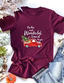 Fashion Red Wine Christmas Truck Short Sleeve Top