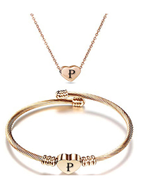 Fashion P Stainless Steel 26 Letters Rose Gold Necklace And Bracelet Set