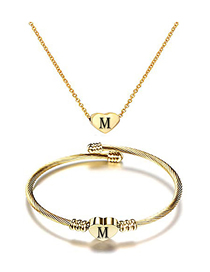 Fashion M Stainless Steel 26 Letters Gold Necklace And Bracelet Set