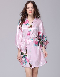 Fashion Pink Printed Lace Ice Silk Kimono Bathrobe