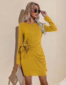 Fashion Turmeric Round Neck Long Sleeve Knotted Hip Dress