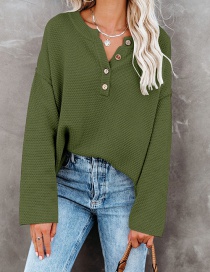 Fashion Army Green V-neck Button Knit Bat Sleeve Sweater