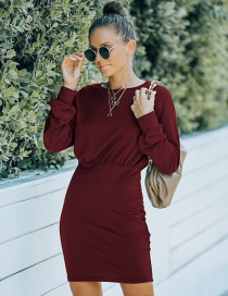 Fashion Wine Red Round Neck Long Sleeve Pleated Hip Dress