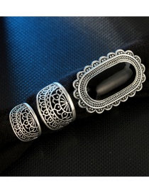 Fashion Silver Color Black Gem Geometric Ring Set