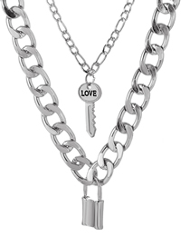 Fashion Silver Color Geometric Double Layer Thick Chain Lock Key Multilayer Necklace