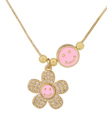 Fashion Pink Copper Inlaid Zircon Drop Oil Smiley Flower Necklace