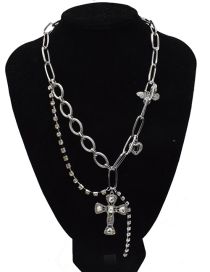 Fashion Silver Color Metal Chain With Diamond Stitching Cross Necklace