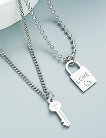 Fashion Silver Titanium Steel Love Lock Double Necklace