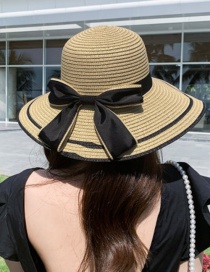 Fashion Black Big Bow + Hat Khaki Big Bow Woven Straw Hat