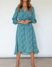 Fashion Blue V-neck Long Sleeve Printed Waist Dress