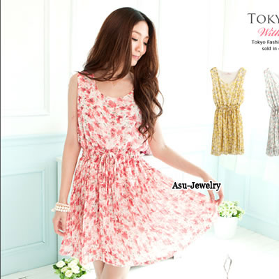 Rubber Pink Flower Cotton Long Dress