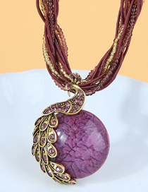 Fashion Purple Alloy Rice Bead Beaded Diamond Peacock Multilayer Necklace